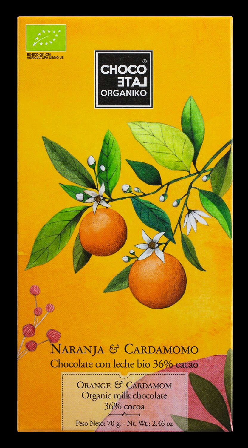 Chocolate Orgániko Naranja & Cardamomo, Bio Vollmilchschokolade mit Orange und Kardamom 70 g