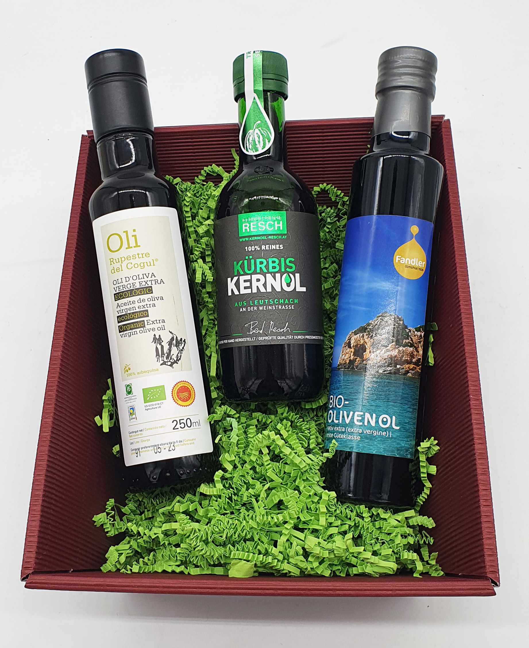Geschenkbox Öl Trio - BIO-Olivenöl und Kürbiskernöl